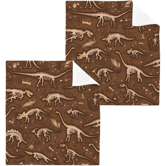 Dinosaur Skull Washcloth 12x12in Set, 4 Pack Absorbent Cotton Towel Square Kitchen Dishes Towels, Soft Cleaning Face Hand Towel Fast Drying Wash cloth