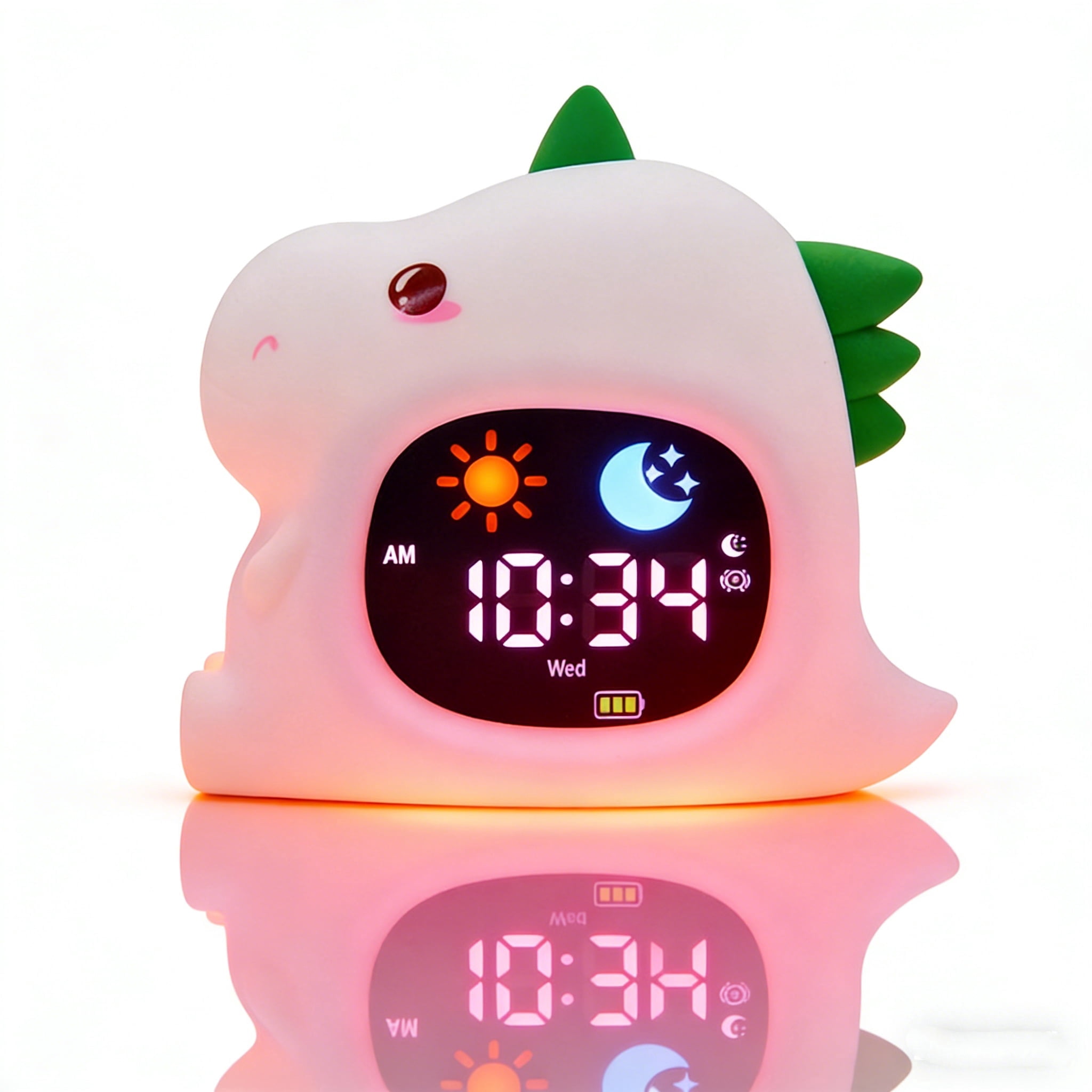 Dinosaur Children's Sleep Training Alarm Clock - Night Light with Wake Up Light, Sleep Sound, and Color Changing Emotion Light