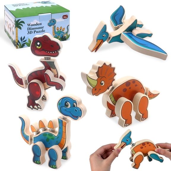 Dinosaur Snap-Together Building Toys, 30PCS Wooden STEM Building Dinosaurs Playset, Montessori Educational Learning Take Apart Toys for Toddlers Kids Aged 3 4 5 6