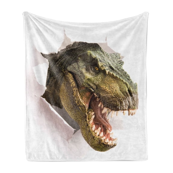 Dinosaur Soft Flannel Fleece Blanket, Dangerous Dinosaur Tears up the Paper Wall Image Scary Break Scenery, Cozy Plush for Indoor and Outdoor Use, 60" x 80", Green Army Green White, by Ambesonne