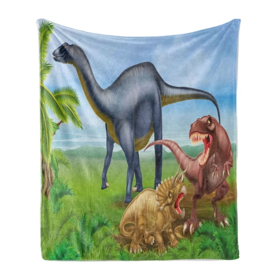Dinosaur Soft Flannel Fleece Blanket, Different Types of Dinosaurs Natural Jungle Environment T-Rex Triceratops Cartoon, Cozy Plush for Indoor and Outdoor Use, 70" x 90", Multicolor, by Ambesonne