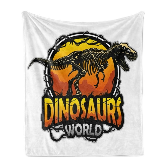 Dinosaur Soft Flannel Fleece Blanket, Dinosaurs World Emblem with Tyrannosaur Skeleton Dead Scary Beast Fossil, Cozy Plush for Indoor and Outdoor Use, 60" x 80", Orange Yellow Grey, by Ambesonne