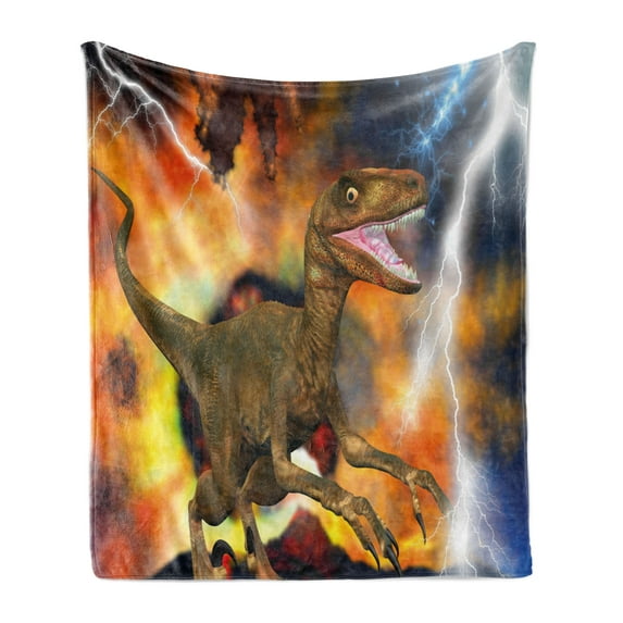 Dinosaur Soft Flannel Fleece Blanket, Dramatic Catastrophe Destruction Background with Allosaurus Fragilis Illustration, Cozy Plush for Indoor and Outdoor Use, 50" x 70", Multicolor, by Ambesonne