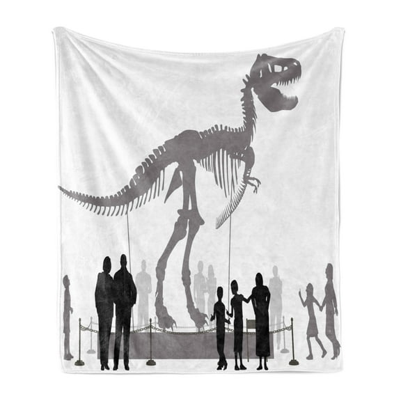 Dinosaur Soft Flannel Fleece Blanket, Silhouettes of People Looking at a Tyrannosaurus Rex Skeleton in a Museum, Cozy Plush for Indoor and Outdoor Use, 50" x 60", Dimgrey Black White, by Ambesonne