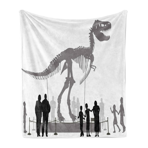 Dinosaur Soft Flannel Fleece Blanket, Silhouettes of People Looking at a Tyrannosaurus Rex Skeleton in a Museum, Cozy Plush for Indoor and Outdoor Use, 50" x 60", Dimgrey Black White, by Ambesonne