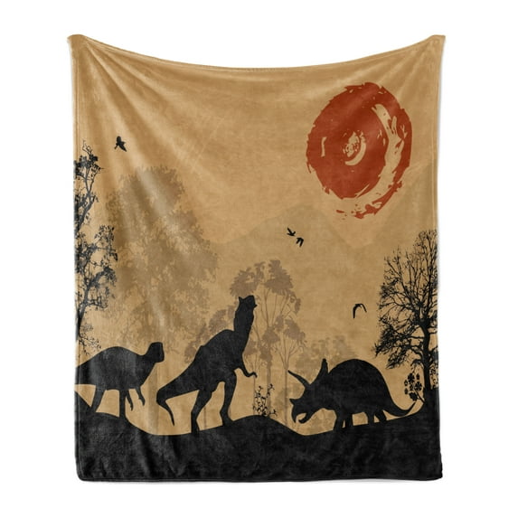 Dinosaur Soft Flannel Fleece Blanket, Silhouettes of Prehistoric Animals Wilderness Landscape Abstract Sun, Cozy Plush for Indoor and Outdoor Use, 60" x 80", Pale Brown Orange Black, by Ambesonne