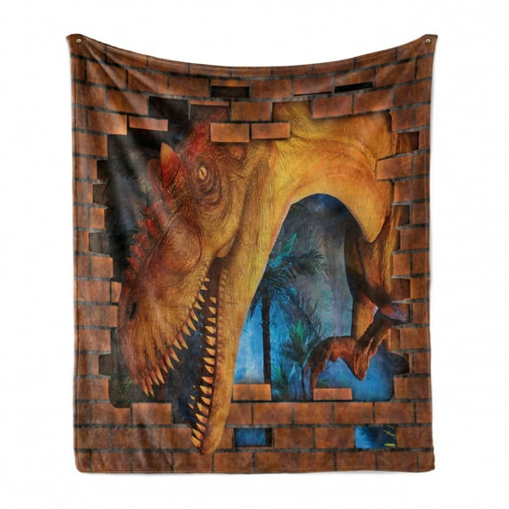 Dinosaur Soft Flannel Fleece Blanket, Tyrannosaurus Breaks a Brick Wall Frightening Scary Scenery Jungle Invaded House, Cozy Plush for Indoor and Outdoor Use, 70" x 90", Orange Blue, by Ambesonne