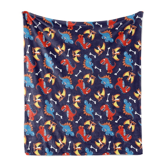 Dinosaur Soft Flannel Fleece Throw Blanket, 3 Different Cartoon Dinosaurs Funny Expressions and Bones Kids Theme, Cozy Plush for Indoor and Outdoor Use, 50" x 60", Navy Blue Orange Red, by Ambesonne