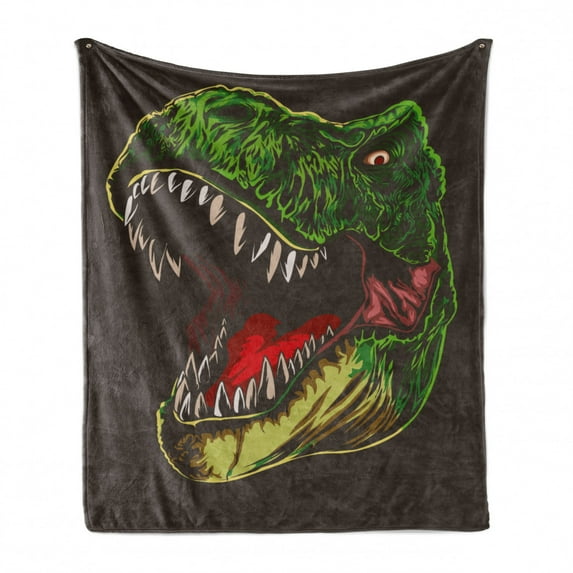 Dinosaur Soft Flannel Fleece Throw Blanket, Aggressive Wild T-Rex Head Colorful Hand Drawn Style Jurassic Period, Cozy Plush for Indoor and Outdoor Use, 60" x 80", Dark Brown Fern Green, by Ambesonne