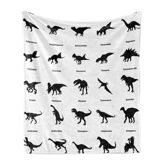 Dinosaur Soft Flannel Fleece Throw Blanket, Composition Different Dinosaurs Silhouettes Their Names Evolution Wildlife, Cozy Plush for Indoor and Outdoor Use, 50" x 60", Black White, by Ambesonne
