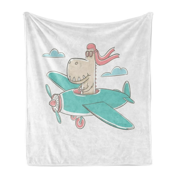 Dinosaur Soft Flannel Fleece Throw Blanket, Dinosaur Flying a Plane in Sky Cool Hipster Funny Boys Graphic, Cozy Plush for Indoor and Outdoor Use, 70" x 90", Turquoise Eggshell, by Ambesonne