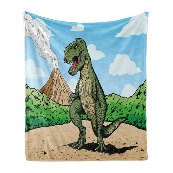 Dinosaur Soft Flannel Fleece Throw Blanket, Giant Lizard T-Rex on Active Volcano Untouched Jungle Backdrop, Cozy Plush for Indoor and Outdoor Use, 70" x 90", Pale Brown Pale Blue, by Ambesonne