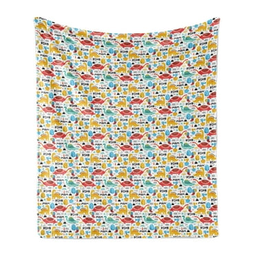 Dinosaur Soft Flannel Fleece Throw Blanket, Pattern of Newborn and Mom Dinos Palms and Eggs Doodle Style with Typography, Cozy Plush for Indoor and Outdoor Use, 50" x 60", Multicolor, by Ambesonne