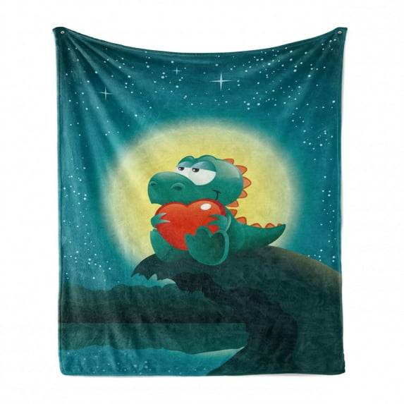 Dinosaur Soft Flannel Fleece Throw Blanket, Valentine Night Scenery Baby Animal in Love Full Moon Jurassic Times Design, Cozy Plush for Indoor and Outdoor Use, 50" x 60", Teal Orange, by Ambesonne