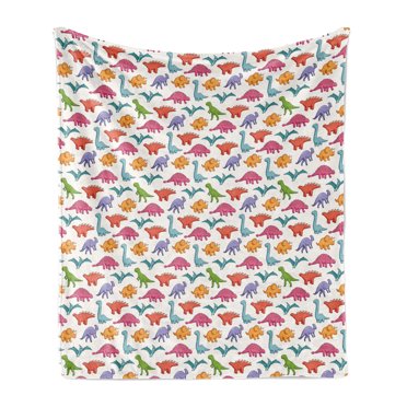 Dinosaur Soft Flannel Fleece Throw Blanket, Variety of Dinosaurs in Colorful Cartoon Style Archeology Pattern Summer, Cozy Plush for Indoor and Outdoor Use, 50" x 70", Multicolor, by Ambesonne