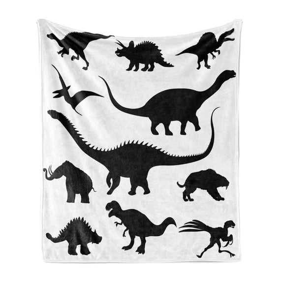 Dinosaur Soft Flannel Fleece Throw Blanket, Various Black Dino Silhouettes Jurassic Evolution Extinction Predator Animals, Cozy Plush for Indoor and Outdoor Use, 60" x 80", Black White, by Ambesonne