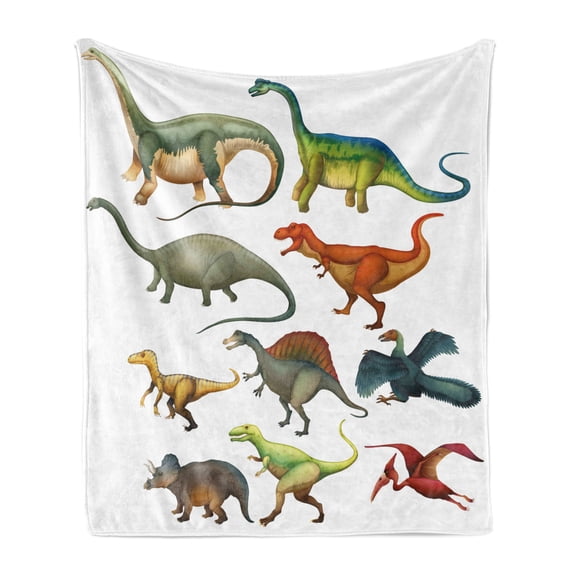 Dinosaur Soft Flannel Fleece Throw Blanket, Various Different Animals from Jurassic Period Cartoon Mammals Pattern, Cozy Plush for Indoor and Outdoor Use, 50" x 70", Multicolor, by Ambesonne