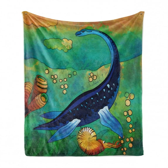 Dinosaur Soft Flannel Fleece Throw Blanket, Wild Sea Creature Plesiosaurus in Its Underwater Habitat, Cozy Plush for Indoor and Outdoor Use, 50" x 60", Jade Green Navy Blue, by Ambesonne