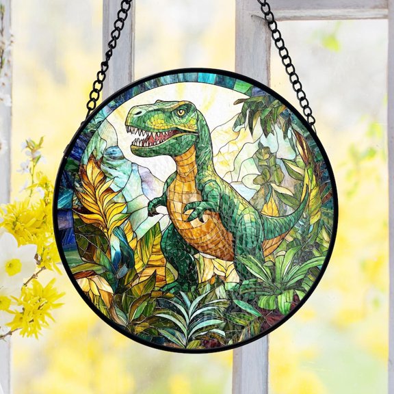 Dinosaur Stained Glass Suncatcher, T-Rex Jungle Design, Prehistoric Window Art, Vibrant Nature Scene, Gift for Kids and Dino Fans