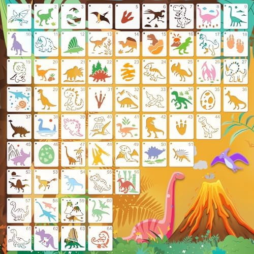 Dinosaur Stencils for Painting, 64PCS Dino Patterns Small Stencils for Crafts Reusable, Prehistoric Theme Stencils for Kids & Home Decor