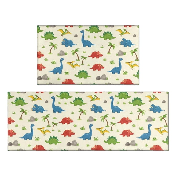 Dinosaur and Stone Beige Pattern Anti Fatigue Kitchen Rugs Set Of 2, Non Slip Washable Decorative Floor Mats for Kitchen Sink Laundry, 17"x30" and 17"x47"