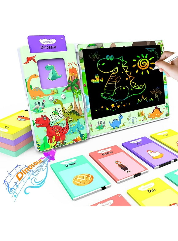 Dinosaur Style Talking Flash Cards for Toddlers 2-4 Years, 112 Flash Cards 224 Sight Words Speech Therapy Toys with LCD Writing Tablet, Talking Doodle Board Educational Learning Toys Gifts