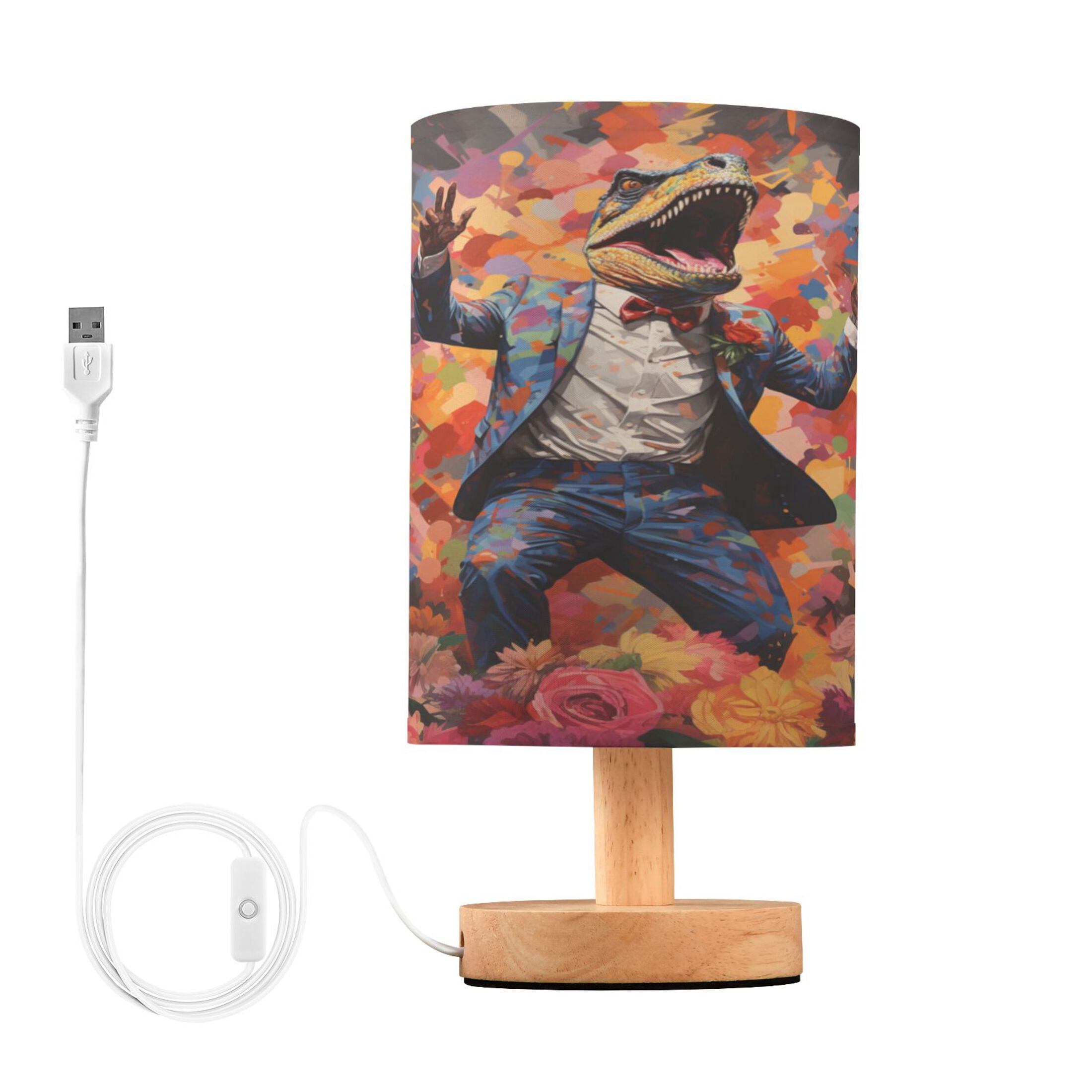 Dinosaur Suit Flower Table Lamp USB Bedside Desk Nightstand Lamp Printed Gifts Small Lamp Wood Base for Bedroom Living Room Kids Room College Dorm