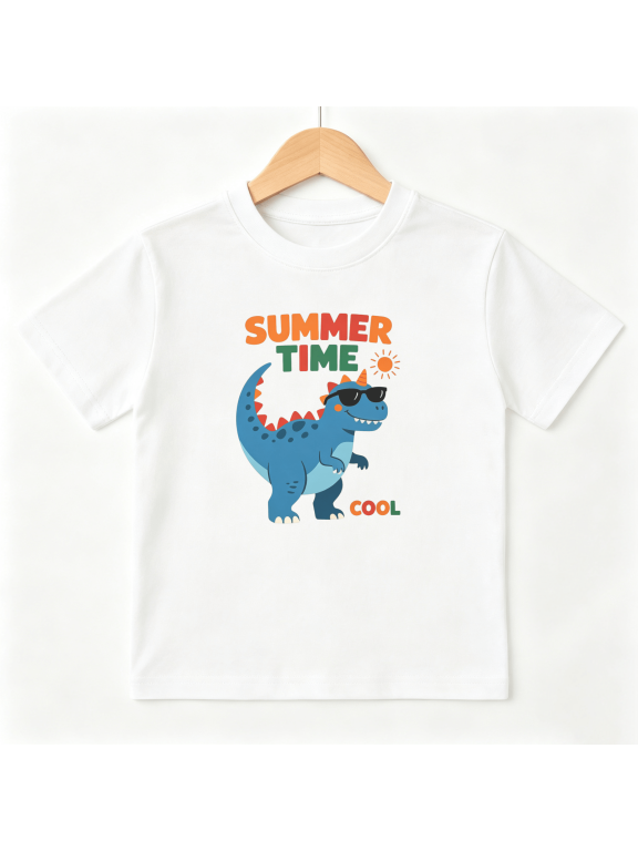 Dinosaur Summer Boys Graphic Print T-Shirt, Cool Cartoon T-Rex Sunglasses 100% Cotton Kids Short Sleeve Tee
