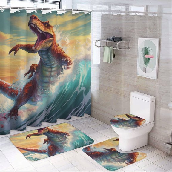 Dinosaur Surfing Epic Sunset Wave Shower Curtain Set Waterproof Bathroom Toilet Seat Cover Bath Non-slip Mat Rug Carpet Bath Decor