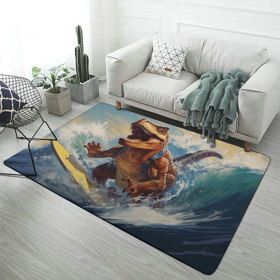 Dinosaur Surfing Epic Wave Fun Soft Comfy Rug for Home Decor Living Room Bedroom Area Rug Non-slip Doormat