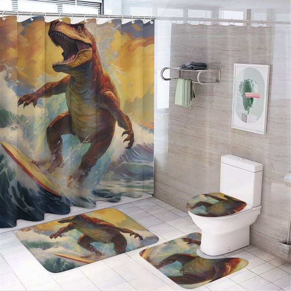 Dinosaur Surfing Epic Wave Ride Shower Curtain Waterproof Bathroom Curtain Anti-slip Bath Mat Set Toilet Rugs Carpet