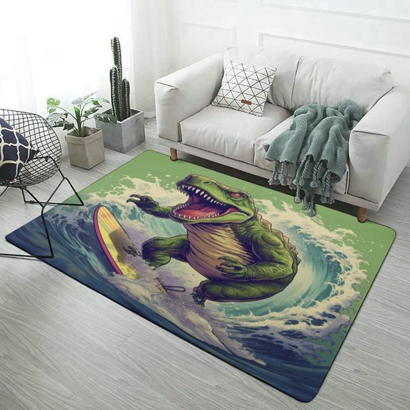 Dinosaur Surfing Epic Wave Ride Soft Comfy Area Rugs Carpet Suitable for Living Room Kitchen Bedroom Laundry Room Home Decorations