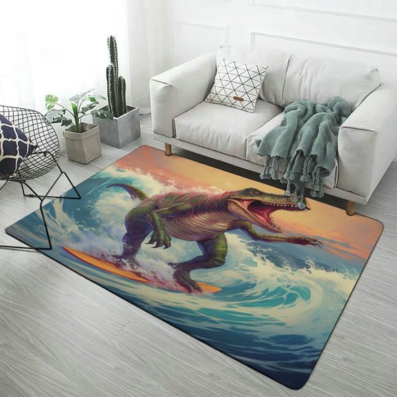 Dinosaur Surfing Epic Wave Ride Soft Comfy Rug for Home Decor Living Room Bedroom Area Rug Non-slip Doormat