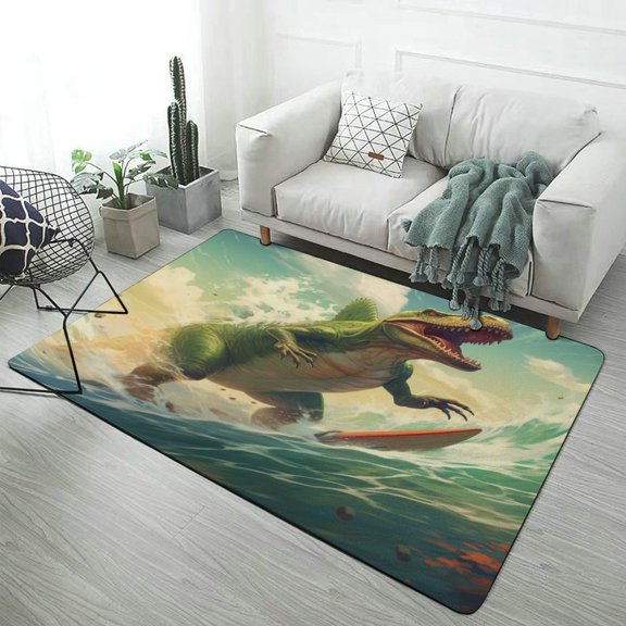 Dinosaur Surfing Epic Wave Ride Soft Comfy Rug for Home Decor Living Room Bedroom Area Rug Non-slip Doormat