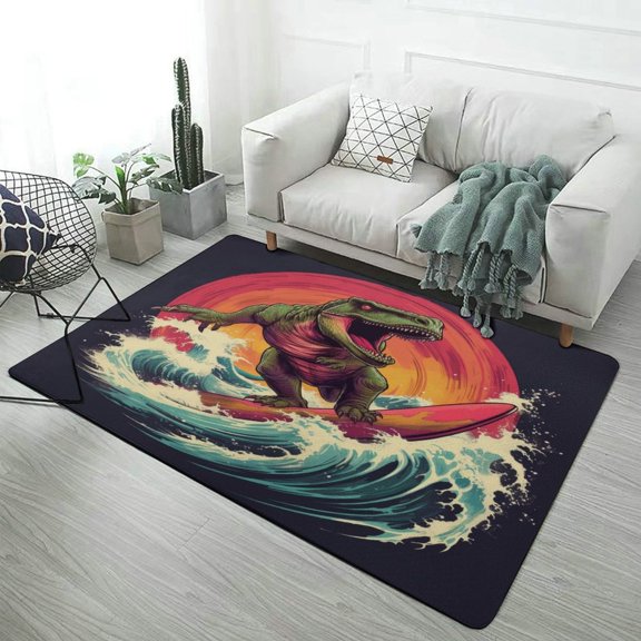 Dinosaur Surfing Epic Wave Sunset Soft Comfy Rug for Home Decor Living Room Bedroom Area Rug Non-slip Doormat