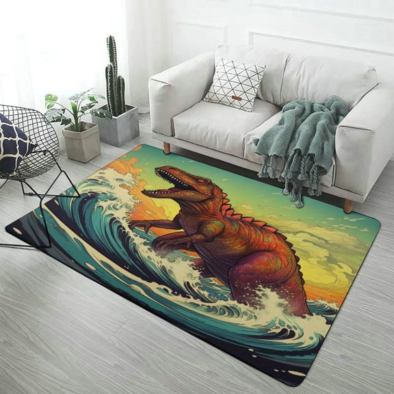 Dinosaur Surfing Giant Wave Art Carpet Style Living Room Bedroom Soft Comfy Rug Modern 3d Entry Mats Household
