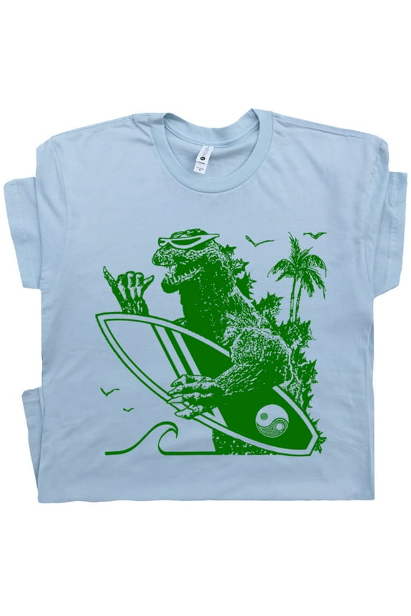 Dinosaur Surfing T Shirt Cool Godzilla Vintage Surf Shop Shirts for Men Women Retro Surfer Graphic Tee Japan Santa Cruz Hawaii