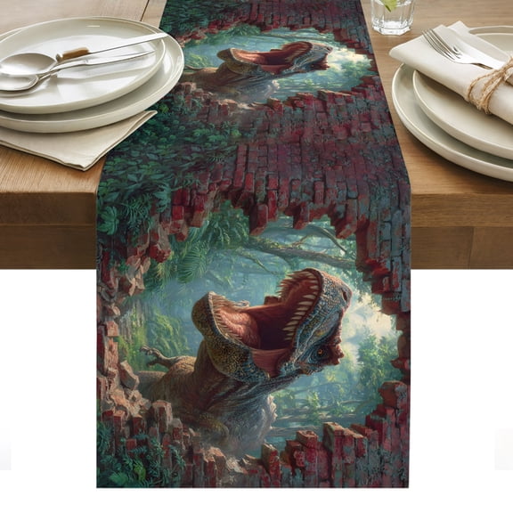 Dinosaur Table Runner Adventure Animal Dramatic Cracked Brick Wall Tablerunners 13 x 36 Inch, Table Decorations Tabletop Scarf for Summer Gathering Holiday Farmhouse Kitchen Dining Decor