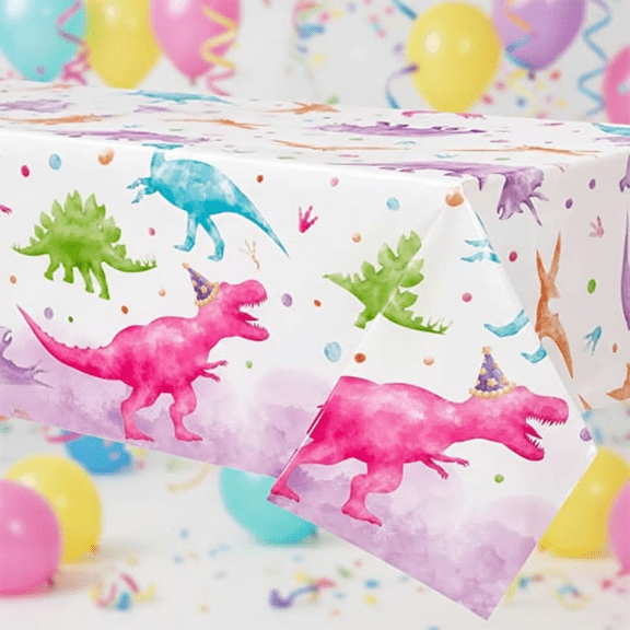Dinosaur Tablecloth for Kids Party Decorations - 54 x 108 Inch Pink Dino Table Cover, Disposable Plastic Tablecloth for Dining, Picnic, and Birthday Supplies