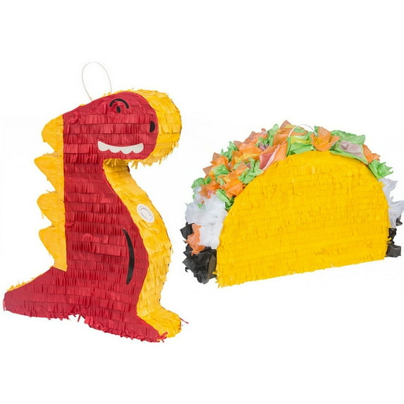 Dinosaur & Taco Party Piñata Set, 2 Pack with Bat and Blindfold for Birthday Party Games, Pinata Fillers