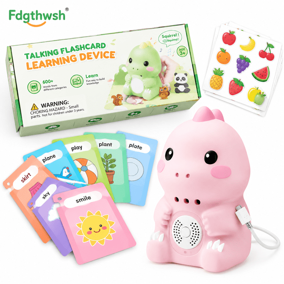 Dinosaur Talking Flash Cards Toy, Rechargeable Dino Speech Learning Toy with Audible Picture Cards and Stickers, American Accent Flashcard Reader for Toddlers, Educational Sound Toy(Pink)