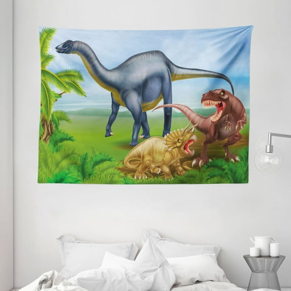 Dinosaur Tapestry, Different Types of Dinosaurs Natural Jungle Environment T-Rex Triceratops Cartoon, Wall Hanging for Bedroom Living Room Dorm Decor, 80W X 60L Inches, Multicolor, by Ambesonne
