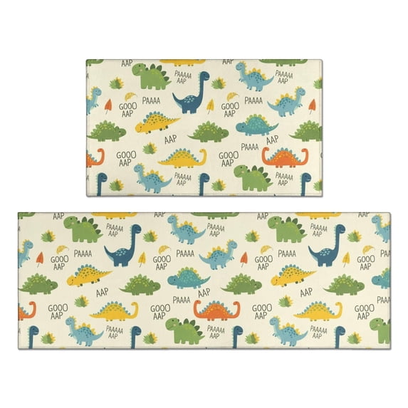 Dinosaur and Text Beige Pattern Anti Fatigue Kitchen Rugs Set Of 2, Non Slip Washable Decorative Floor Mats for Kitchen Sink Laundry, 17"x30" and 17"x47"