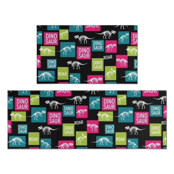 Dinosaur and Text Black Pattern Anti Fatigue Kitchen Rugs Set Of 2, Non Slip Washable Decorative Floor Mats for Kitchen Sink Laundry, 17"x30" and 17"x47"