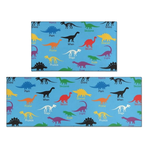 Dinosaur and Text Bright Blue Pattern Anti Fatigue Kitchen Rugs Set Of 2, Non Slip Washable Decorative Floor Mats for Kitchen Sink Laundry, 17"x30" and 17"x47"
