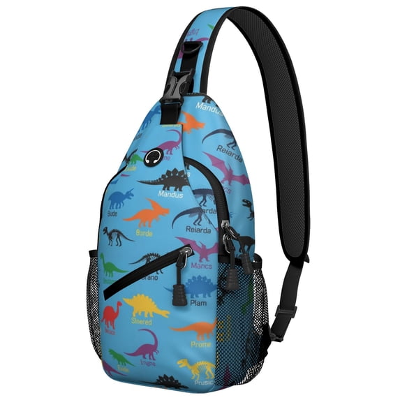 Food Pattern Text Dinosaur and Text Bright Blue Pattern Sling Backpack, Unisex Hiking ...