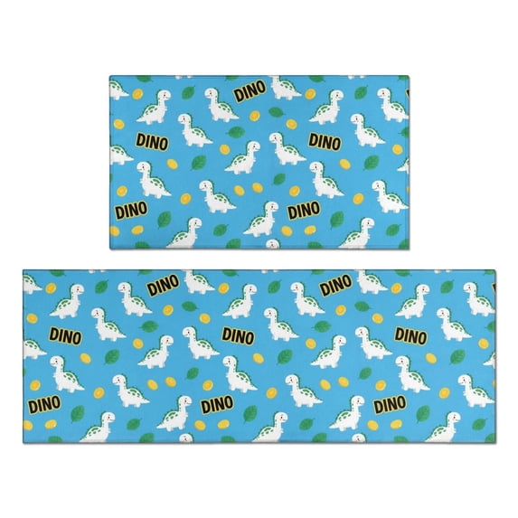 Dinosaur and Text Lightblue Pattern Anti Fatigue Kitchen Rugs Set Of 2, Non Slip Washable Decorative Floor Mats for Kitchen Sink Laundry, 17"x30" and 17"x47"