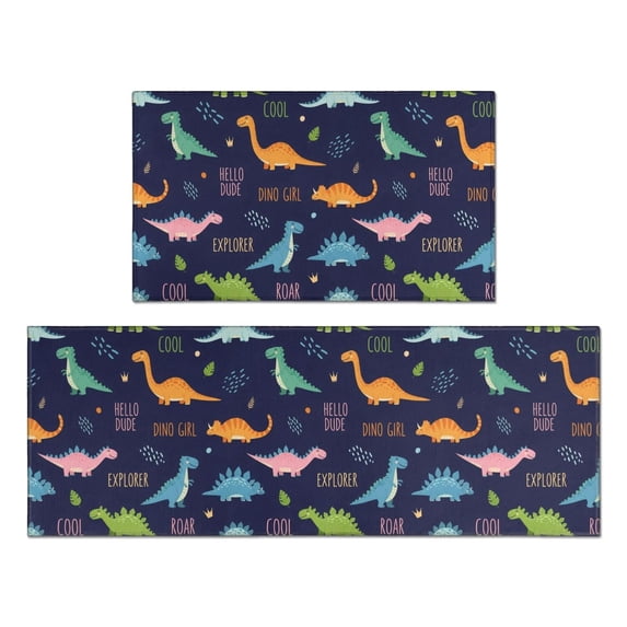 Dinosaur and Text Navy Blue Pattern Anti Fatigue Kitchen Rugs Set Of 2, Non Slip Washable Decorative Floor Mats for Kitchen Sink Laundry, 17"x30" and 17"x47"