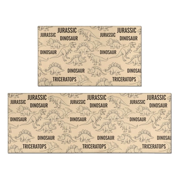 Dinosaur and Text Off White Pattern Anti Fatigue Kitchen Rugs Set Of 2, Non Slip Washable Decorative Floor Mats for Kitchen Sink Laundry, 17"x30" and 17"x47"