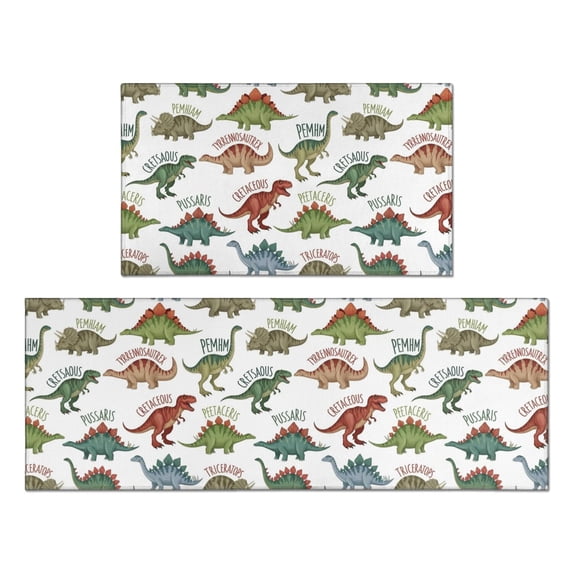 Dinosaur and Text White Pattern Anti Fatigue Kitchen Rugs Set Of 2, Non Slip Washable Decorative Floor Mats for Kitchen Sink Laundry, 17"x30" and 17"x47"